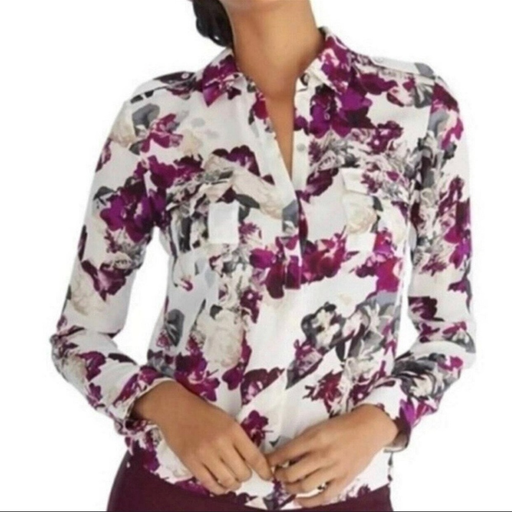 WHBM Floral Silk Button Up Blouse Collared L/S Pockets Purple Elastic Hem Sz 2